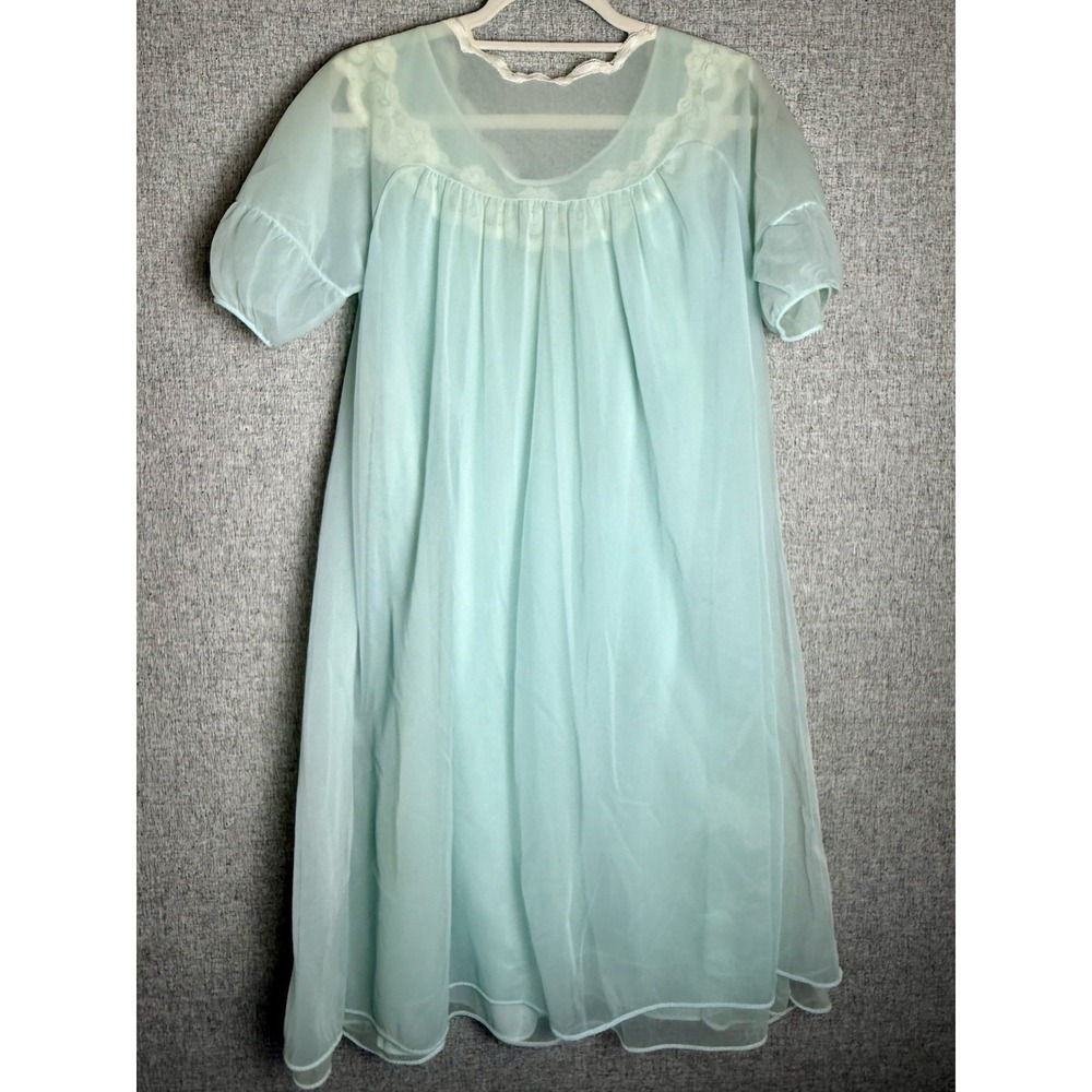 Vintage 60s Sea Foam Blue Green Lace Chiffon Nightgown Nightie Babydoll Robe LG - Picture 5 of 10
